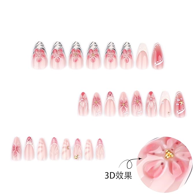 3D Pink Flower Press on Nails Medium Almond – White French Pear Designs, Acrylic Reusable Fake Nails with Adhesive Tabs Glue, Salon Quality Nail Press Ons - 24Pcs Nail Kit for Women Manicure