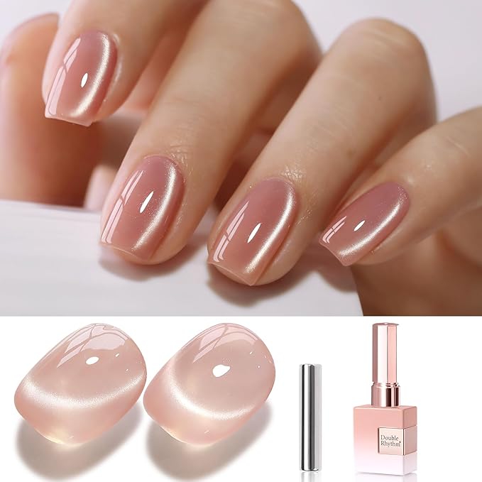 Double Rhythm 0.5 Oz Cat Eye Gel Polish with Magnet Same Color Same Bottle Holographic Glitter Shimmer Translucent Color Salon 15 ML Magnetic Nail Art (Peach Pink-MC1149)