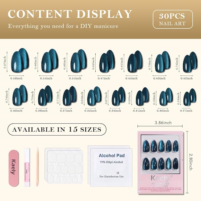 evpct Dark Blue Press on Nails Almond Short, Sapphire Blue Cat Eye Glitter Holographic Press on Nails, Soft Gel Press Stick on Nail with Nail Kit, Full Cover, 30Pcs Reusable Acrylic Fake Nails Kit