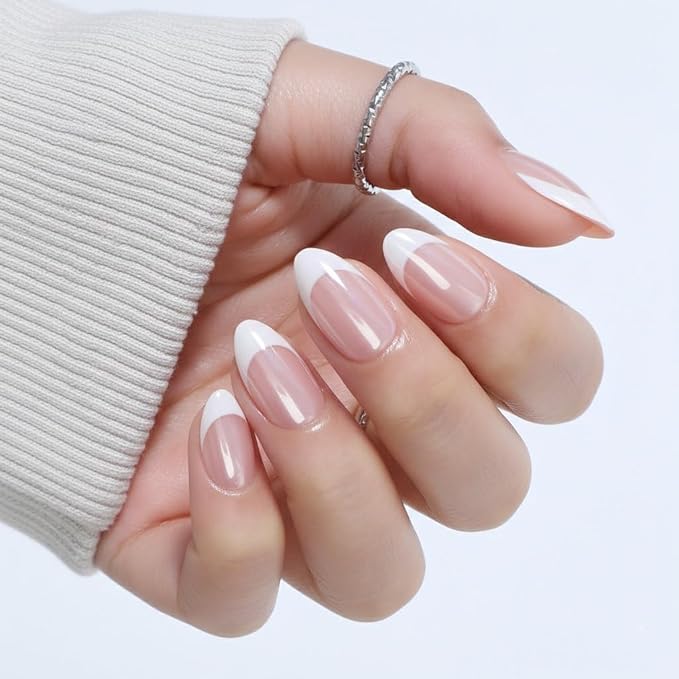 UNA GELLA Press On Nails: Almond French Tip Soft Gel Press Ons Short Kit with Nail Tips Glue on Nails, 16 Sizes - 32Pcs Reusable Chrome French Fake Nails Kit, Gift for Women