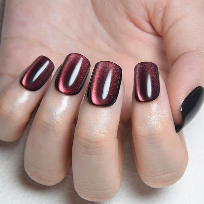 evpct Wine Red Cat Eye Extra Short Press on Nails Square, Petite Short Square Stick on Nails for Women Gift, Black Wine Red Metallic Glitter Glossy Reusable Gel Press on Acrylic Fake Nail with Designs