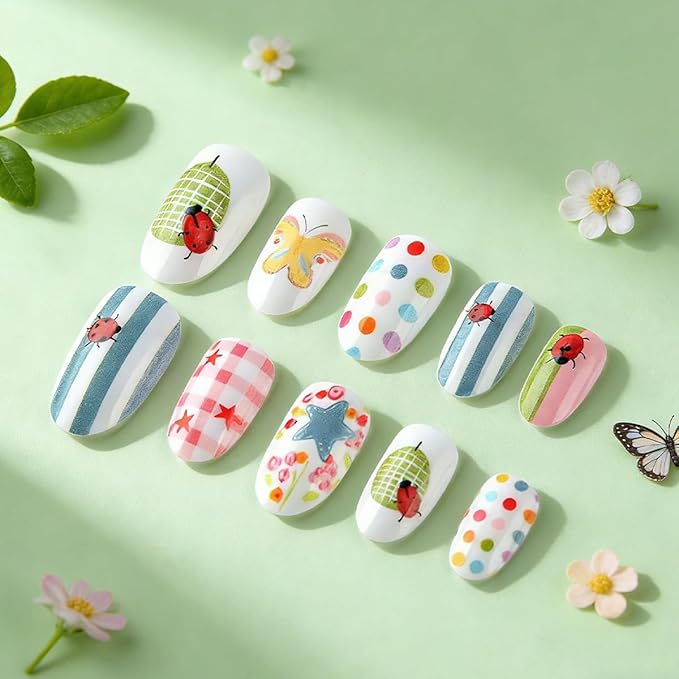 Medium Oval Press on Nails Spring Summer Fake Nails Cute Nails Press ons with Polka Dots Stripe Stars Design,Reusable & Easy Apply Full Cover Stick on Nails for Women Manicure 24Pcs