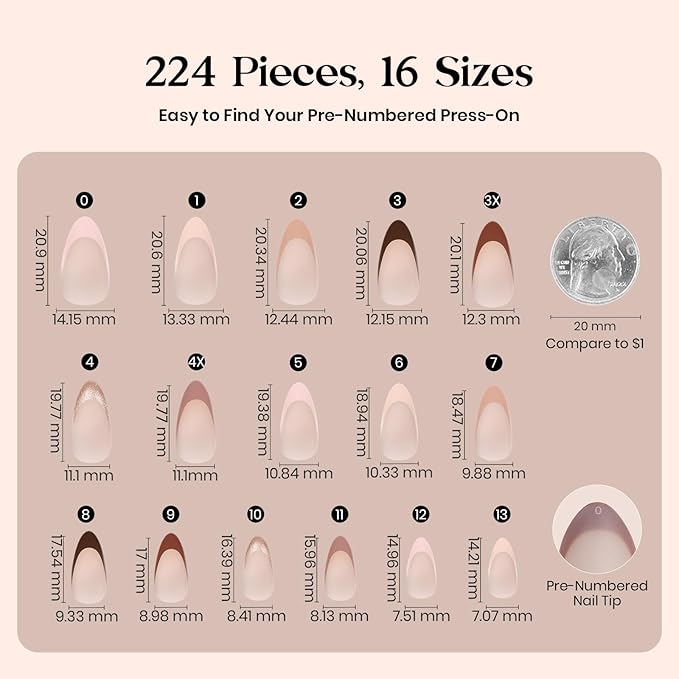Beetles French Tip Press On Nails - Cocoa Mousse French | 7 Colors Short Almond Press On Nails Brown | 16 Sizes 224 Pcs Natural Salon Quality For Winter Nails