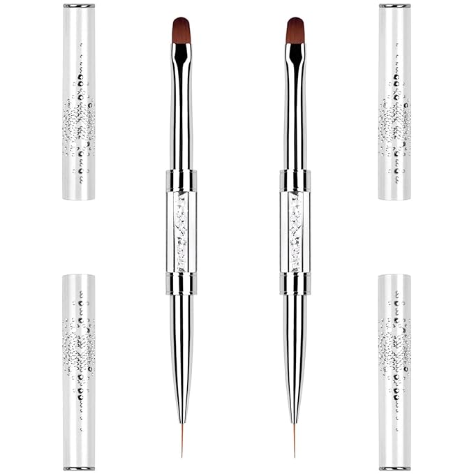 2PCS Professional French Tip Brush Set, French Tip Nail Gel Liner Brush, Dual-Ended Nail Design Brushes Rhinestone Handle Nail Brush for Builder Gel&Polygel,Salon-Grade Nail Art Design Tools
