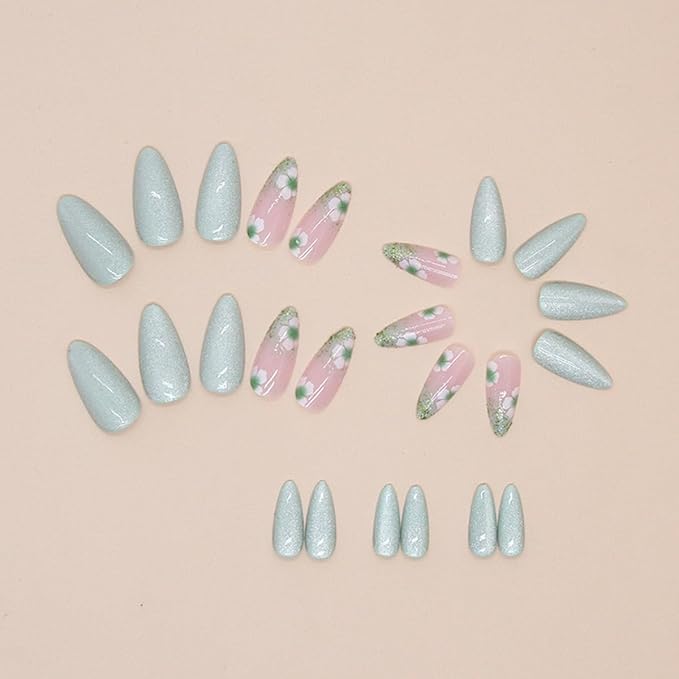 Almond Press on Nails Medium Green With Cute Flower Design - Full Cover Glossy Acrylic for Christmas - 24Pcs Artificial Manicure Set for Women