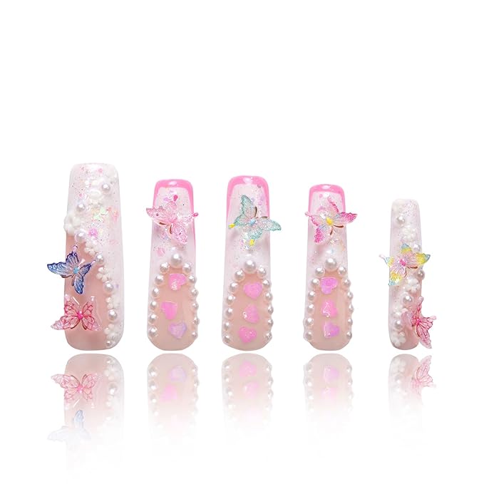 LOVFUL Press on Nails Tipsy Butterfly| Handmade with Full Covered Crystals| Reusable Fake Nails| Square Mid length 1.7in| H184-S