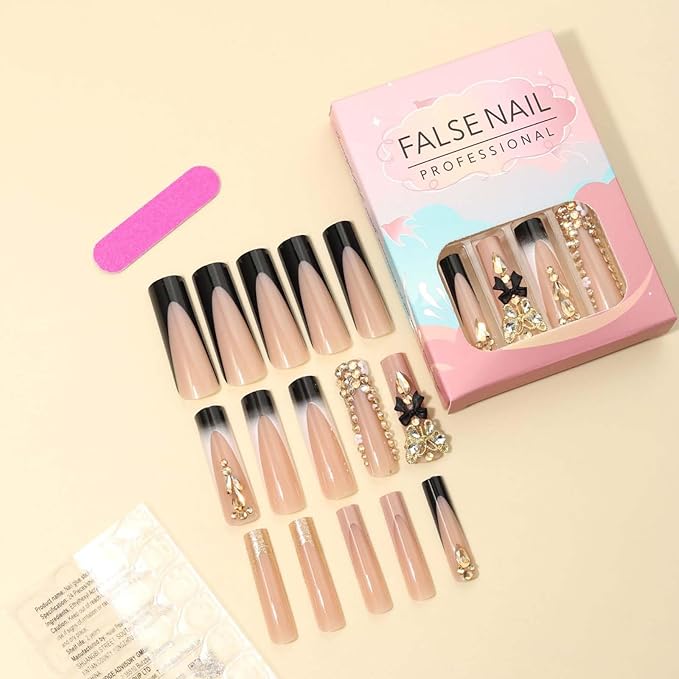 RTKHFZE Extra Long Square Press on Nails Glitter Black and Nude Fake Nails with Bow Design,Valentine'S Day Press on Nails Hot Girls False Nails 24pcs