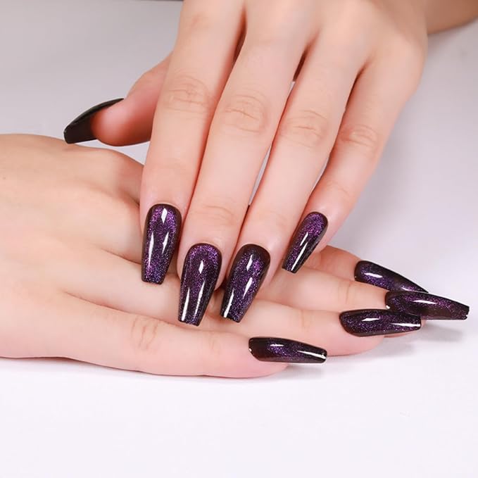 Press On Nails - Midnight Purple | Dark Purple Glitter Velvet Nails, Medium Coffin Squared Press On Nails with Cat Eye Design for Women and Girls, 24 Pcs Reusable Fake Nails