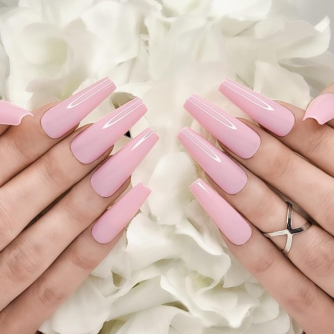 Hypnaughty 24 Pcs Blush Pink Glossy Extra Long Press On Nails and Glue XL Reusable Solid Color False Nails (Blush)