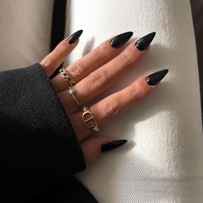 Black Press on Almond Shaped Medium Nails - Neutral Acrylic Reusable Fake Nails for Women Girls - Glue on Medium Length Stiletto False Nails - Soft Gel Artificial