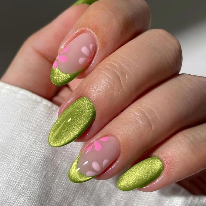 Green Cat Eye Press on Nails Medium Almond Fake Nails Spring Flowers False Nails French Tips Acrylic Nails Glossy Stick on Nail for Women Decoration 24Pcs