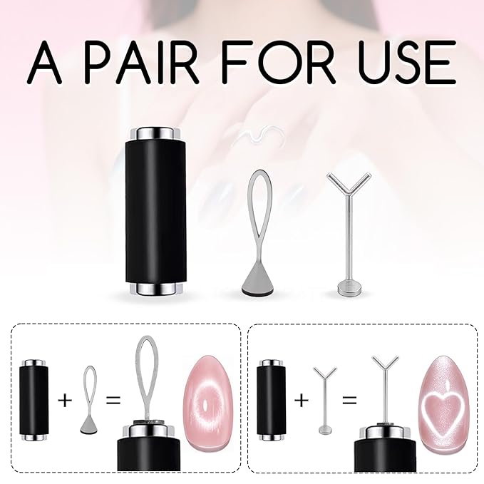 WOKOTO 2 PCS Cat Eye Magnet Set For Nails With 4 Pcs Y&O-Shape Iron Stencils, Powerful Cylinder Magnetic Pen And 5D Automatic Magnets, Heart&Circle Nail Design Magnets Tool Manicure Cateye Effect