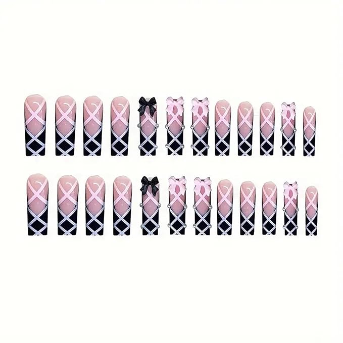 Press on Nails Coffin Long Length Acrylic Glossy Full Cover Square Shaped French False Nails with Designs Artificial Extra Long Fake Nails with Charms Glue ons Fingernails for Women(XXS285)