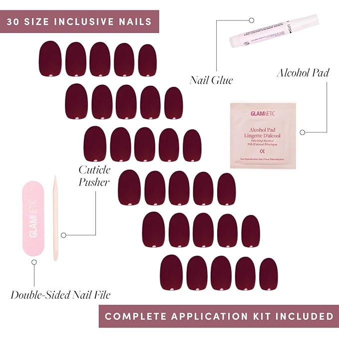 Glamnetic Press On Nails - Berry Maroon Fake Nails | Opaque Dark Red Maroon Short Round Fake Nails, Salon Quality | 12 Sizes - 30 Nail Kit with Glue