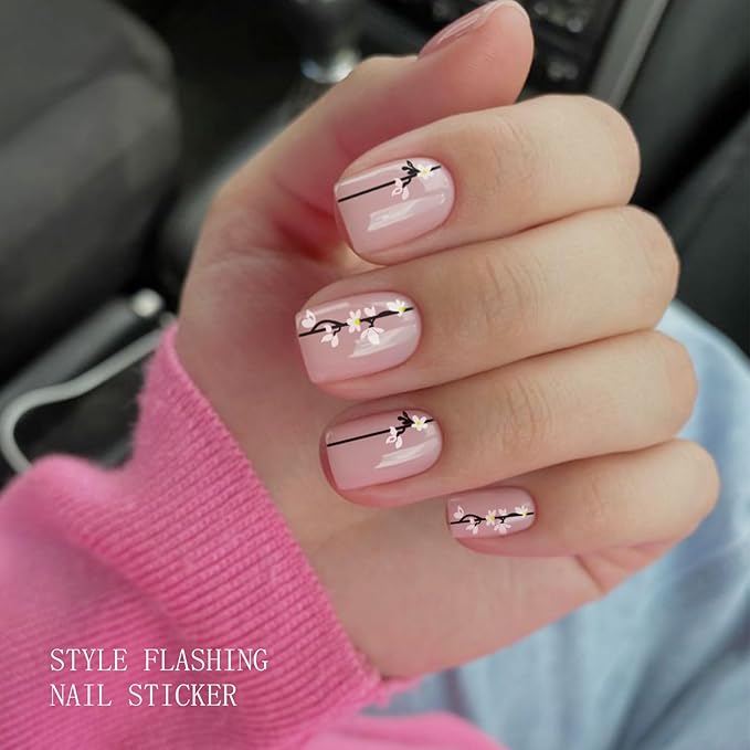 JMEOWIO Gel Nail Stickers White Flower Semi Cured Gel Nail Strips Wraps UV/LED Nails Art Design Decoration Accessories