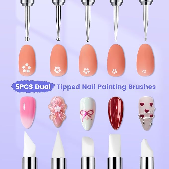 Quaferen Nail Art Brushes Set 40PCS Liner Brushes for Nails Dual Tipped Dotting Tools Silicone Sculpture Pen Thin Nail Brush with Brush Holder Color Palette for Beginners Painting DIY Salon Home
