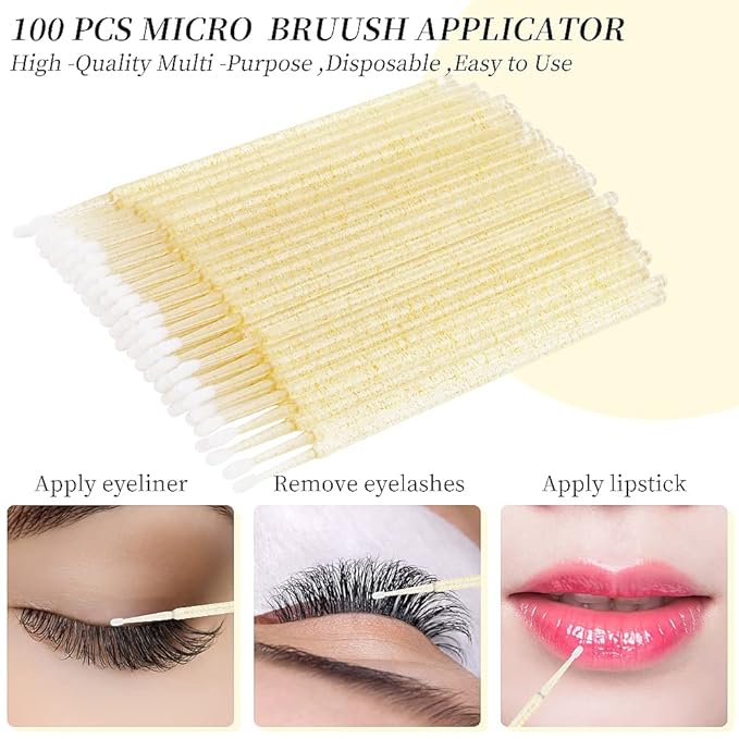 300 PCS Eyelash Extension Supplies Kit Disposable Micro Swab Brush Eyebrow Spoolies Lip Stick Brush Mascara Wand Applicator Makeup Brush Tool(all gold kits)
