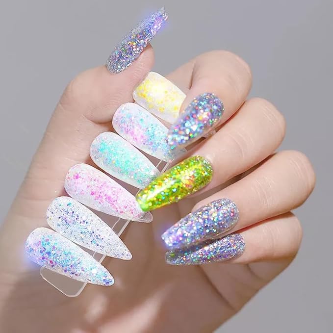 Nail Art Glitter Shiny Sequins Iridescent AB White Thin Flakes 12 Jars 3D Chunky for Eyes Body Makeup ﻿