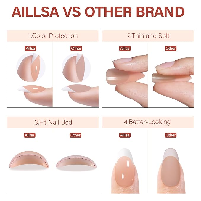 AILLSA French Gel Nail Tips, 180 Pcs French Tip Press on Nails Short Almond Brown, Pre-Applied Primer & Base Coat, No Need File, Soft Nail Tips, Fake Nails for Nail Art DIY 15 Sizes