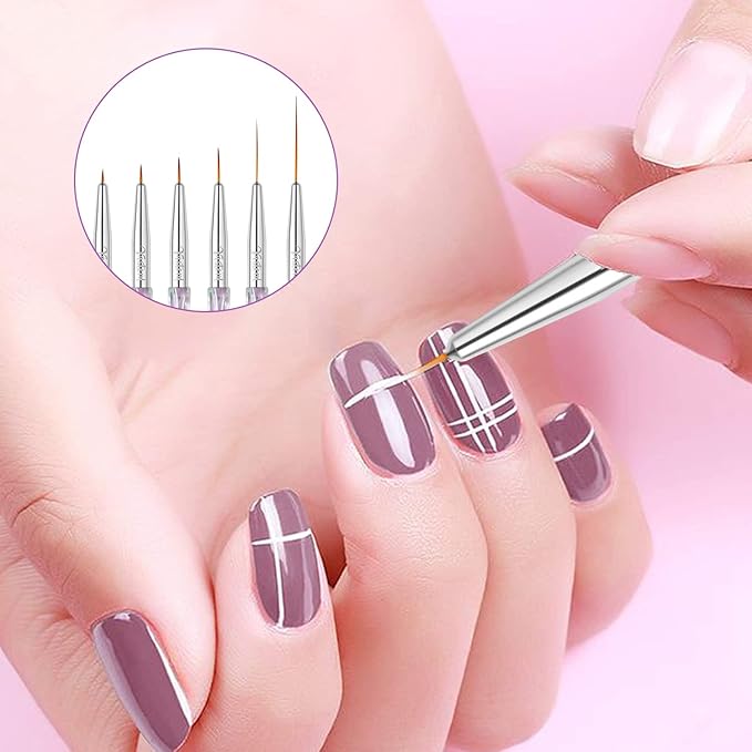 Yasterd Nail Art Liner Brushes, UV Nail Gel Polish Painting Nail Art Design Brush Pen Set for Long Lines, Short Strokes, Details, Blending, Elongated Lines Sizes 5/7/9/11/20/25mm Crystal Handle 6Pcs