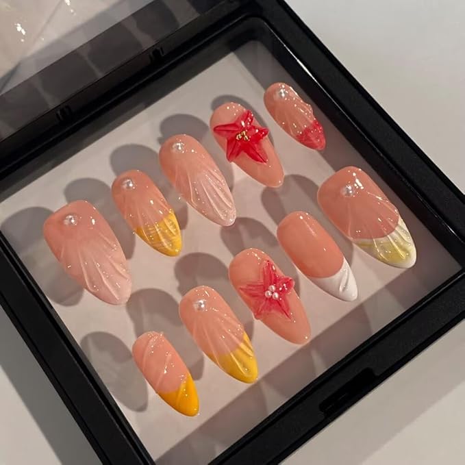 Small MAGLFELL 10PCS Handmade Nails gel Almond Press On Art False Nails Women's Nails 3d Pink nails acrylic Thick French nail-S size