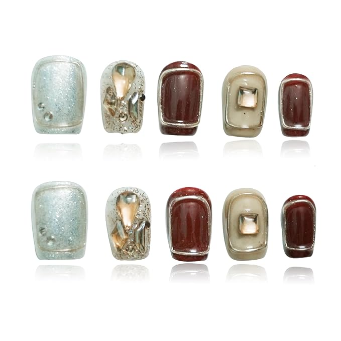 Handmade 3D Press On Nails Short Coffin,New Year Valentine False Nails Burgundy Silver Glitter with Geometric Line Art & Hand-Set Rhinestones - 10Pcs Luxury Design (Fiery Red Lips,L)