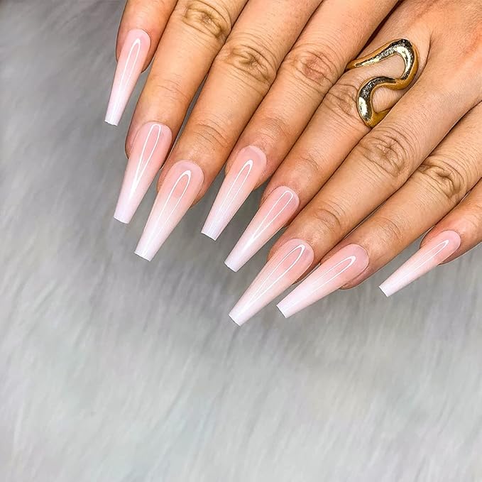 Morily 24pcs Fake Nails Nude White Ombre Ballerina Long Coffin Glossy Press on Nail False Tips Artificial Finger Manicure for Women