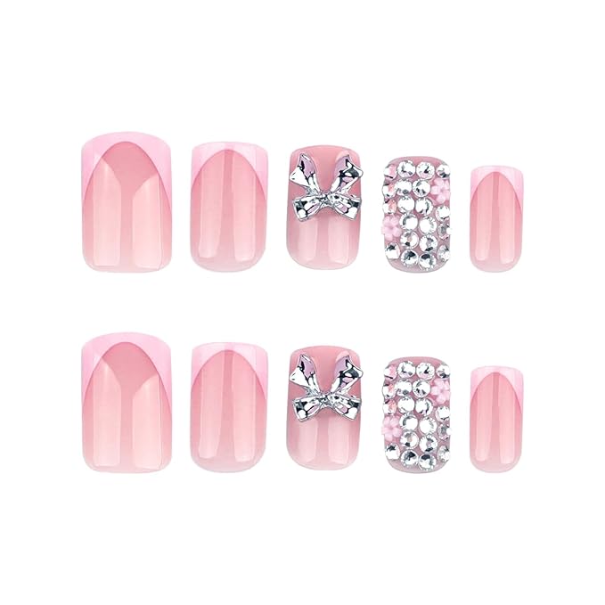 French Tip Press On Nails Short Square Pink Fake Nails False Nails with Designs Rhinestones Gold Bow Charms Flower Glossy Glue On Acrylic Nails 24 Pcs