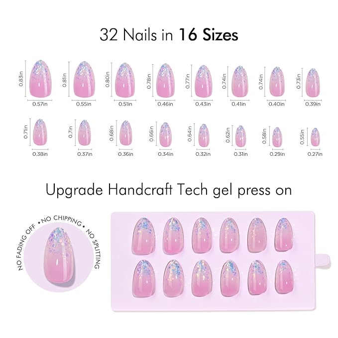 VSALON Press-On Nails Short Almond - Purple Ombre Blue Sparkle Glitter Semi-Transparent Mermaid Design, Reusable Opaque Soft Gel Fake Nails with Glue & Cuticle Oil 32 PCS in 16 Sizes Gifts for Women