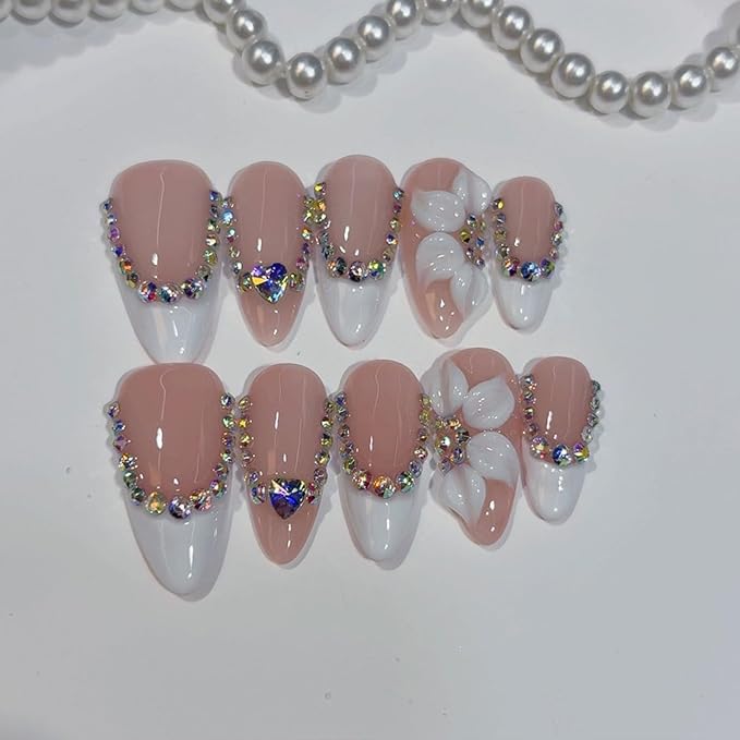Handmade Press On Nails Almond White French Tip False Nails 3D Flower Design - Reusable Acrylic Fake Nails with Colorful Rhinestone Luxury Blossom Stick on Nail with Glue for Women (M)
