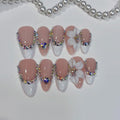Handmade Press On Nails Almond White French Tip False Nails 3D Flower Design - Reusable Acrylic Fake Nails with Colorful Rhinestone Luxury Blossom Stick on Nail with Glue for Women (M)