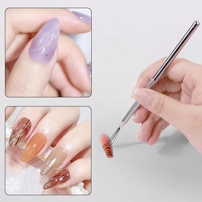 7-pin Nail Liner Nail Art Tools, Stripe Lines Nail Art Pens Stainless Steel Handle Bendable Pins Ultra-thin Line Nail Brush, Spider Gel Manicure Tools Nail Art Line Painting Tool Wire Drawing Pen,2pcs