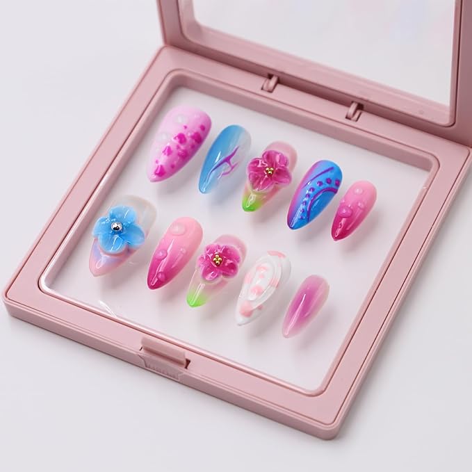 Handmade Almond Press on Nails Thick Fake Nails with Water Droplet Pattern Designs Medium Length Acrylic Nails with Glue,Flower Art Nature Stick on Nail False Nails for Wome (Size S)