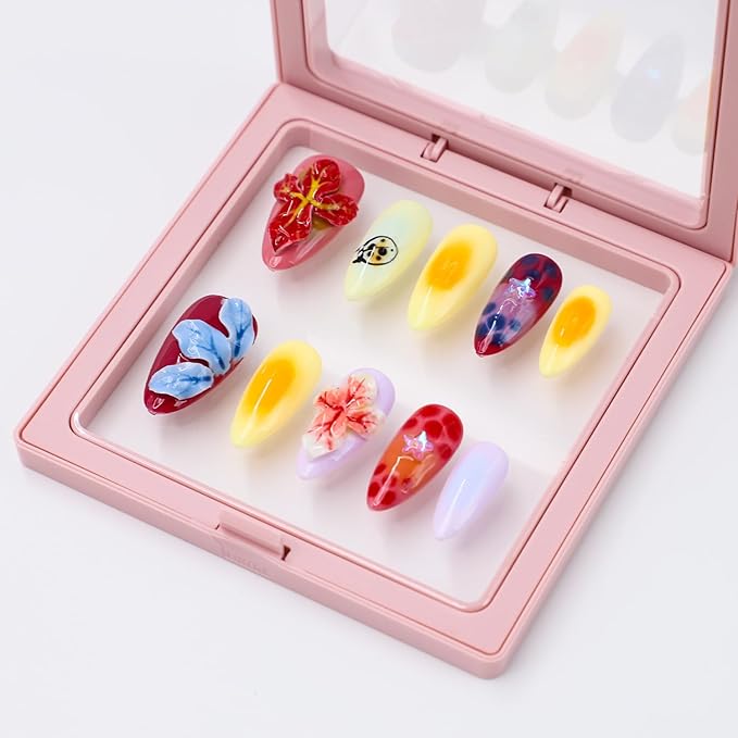 Handmade Press on Nails Medium Almond Nails Thick Fake Nails with Glue,Colourful False Nails with 3D Tropical Flower Art Design Acrylic Nails Nature Stick on Nail for Wome (Size M)