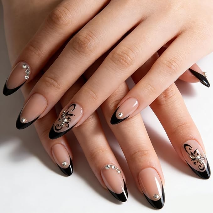 Black French Tip Press on Nails - Short Almond Fake Nails Press ons with Black Flower & Rhinestones Designs, Glossy Acrylic Nails Full Cover Reusable Glue on Nails for Women Manicure 24Pcs