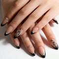 Black French Tip Press on Nails - Short Almond Fake Nails Press ons with Black Flower & Rhinestones Designs, Glossy Acrylic Nails Full Cover Reusable Glue on Nails for Women Manicure 24Pcs