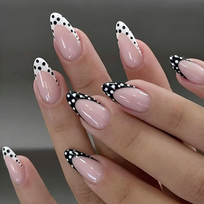 Polka Dot French Tip Press on Nails Medium Almond Fake Nails Nude Nails Press Ons Polka Dot False Nails Black White Glue on Nail Glossy Full Cover Stick on Nail for Women Decoration 24Pcs