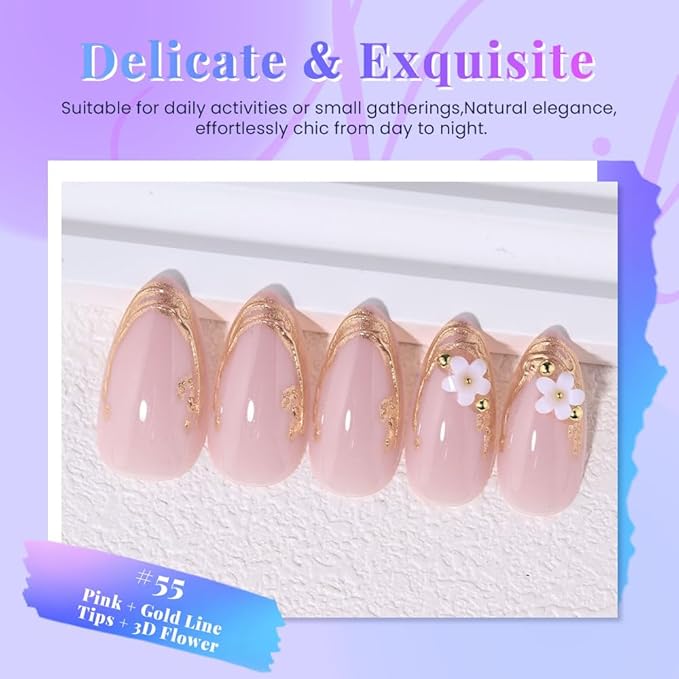 evpct Pink Press on Nails Short Almond with Gold Line, Gold French Tip Stick on Nail for Women Gift, Reusable Full Cover Soft Gel Press on Fake Nail with 3D White Flower Designs Perfectly Fit