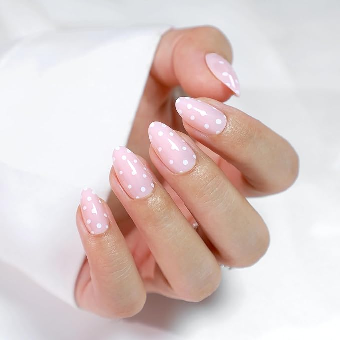Press On Nails - Sugar | Pink Polka Dot UV Finish Almond Nails, Reusable Salon Quality | 32 Nails, 16 Sizes Kit with Glue and Adhesive Tabs I Female Founded