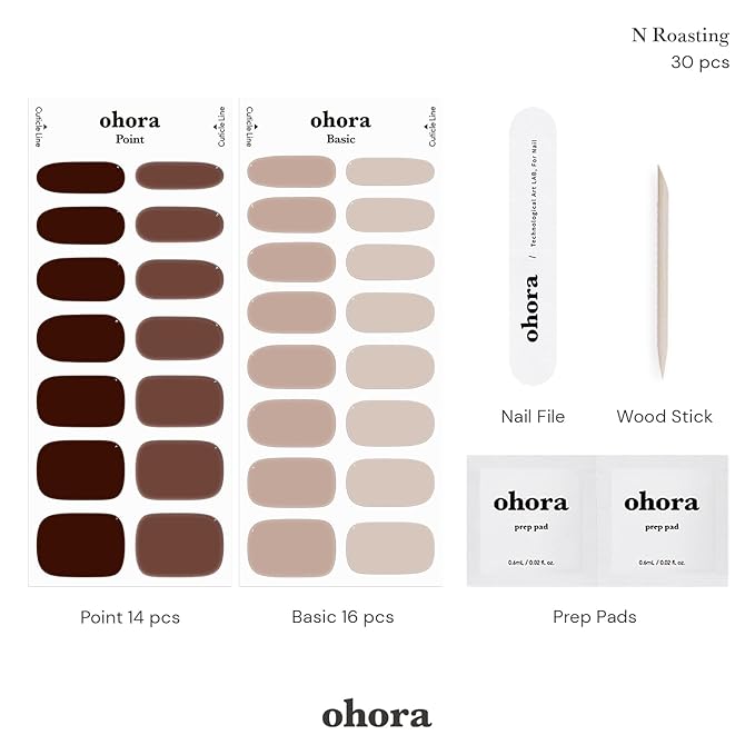 ohora Semi Cured Gel Nail Strips (N Roasting) - Brown, Solid, Works with Any UV/LED Lamps, Salon-Quality, Long Lasting, Easy to Apply & Remove - Includes 2 Prep Pads, Nail File & Wooden Stick