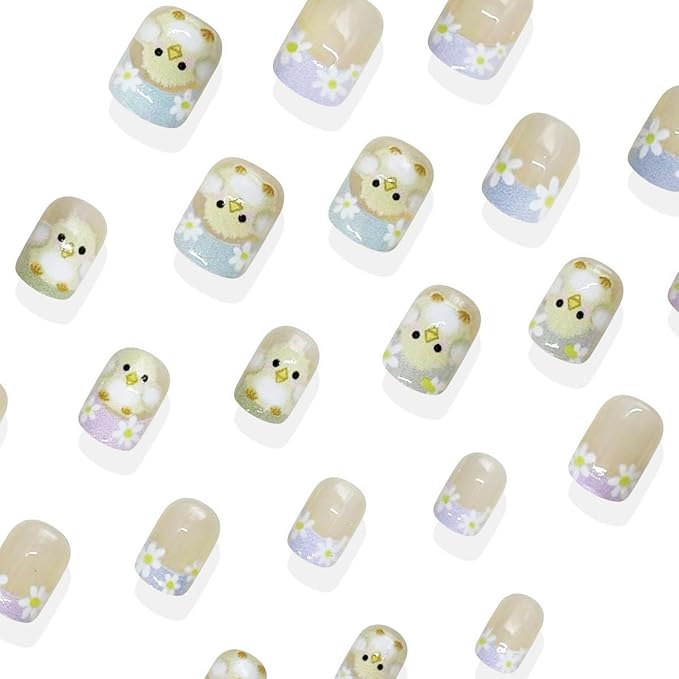 Easter Press on Nails Short Square Fake Nails with Cute Chick & Flower Design Pink French Tip False Nail Easter Spring Artificial Nails Full Cover Stick on Nail for Women Manicure Decoration 24 Pcs