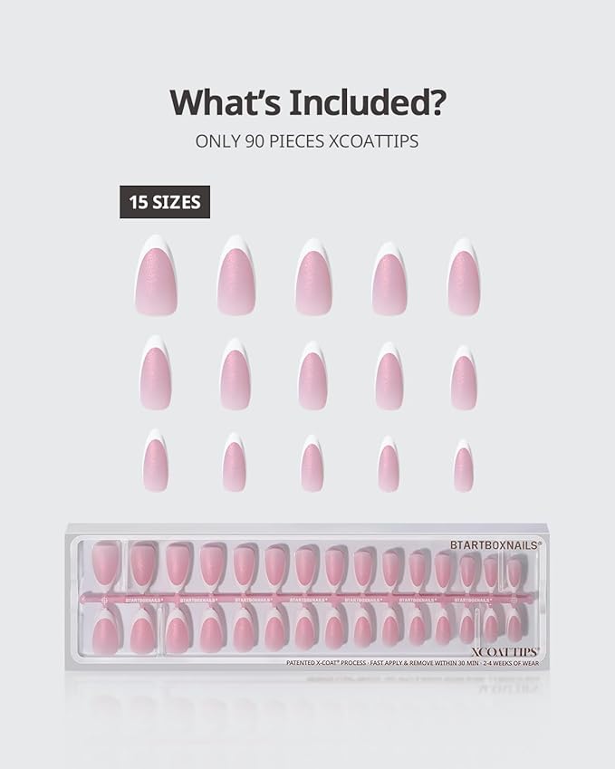 BTArtboxnails XCOATTIPS French Tip Press On Nails - Pink Glitter Base Medium Almond Press On Nails, 90 Pcs Salon Quality Soak Off Soft Gel Nail Tips Extension in 15 Sizes