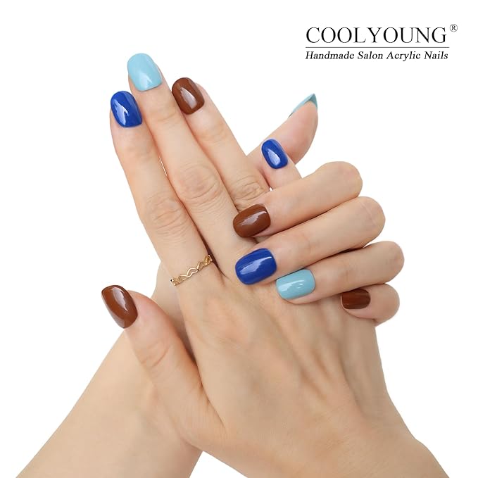 Press On Nails, COOLYOUNG Mixed Color Press On Nails - Blue, Brown, Light Blue, Square Short Acrylic Nails, 25 PCS Handmade Nails