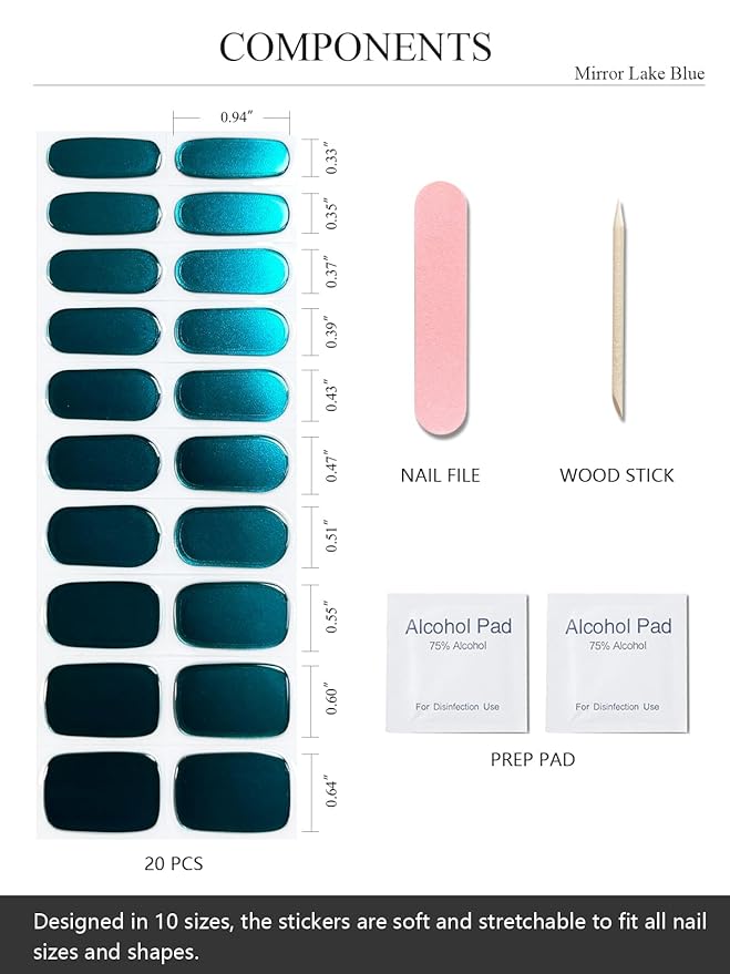 Semi Cured Gel Nail Strips (Mirror Lake Blue), 20 Pcs Chrome Gel Nail Wraps, Stickers, Salon Quality, Works with Any UV Lamps