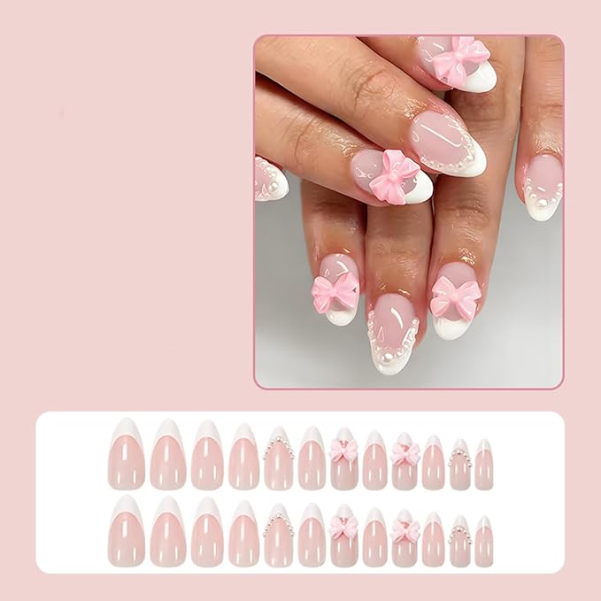 White French Tip Press on Nails - 3D Bow False Nails Short Almond Fake Nails Press ons with Pearls Design, Glossy Acrylic Full Cover Reusable Glue on Nails for Women Manicure 24Pcs