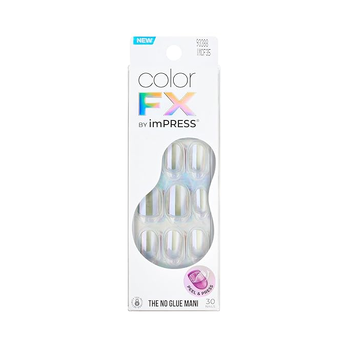 KISS colorFX by imPRESS Press On Nails , ‘Sour Love’, Solid White with Pearlescent Finish, Short Oval, IMPROVED adhesive, Includes 30 Fake Nails, Prep Pad, 1 Manicure Stick, 1 Mini Nail File