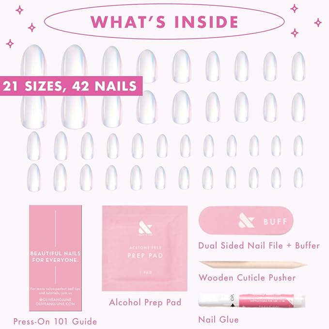 Olive & June Maximalist Instant Mani Press-On Nails (Glue) | 42 Fake Nails, 21 Sizes | Non-Toxic, Long-Lasting Big, Bold Gorgeous Realistic Look | Salon-Quality | Long, Almond | Iridescent Chrome