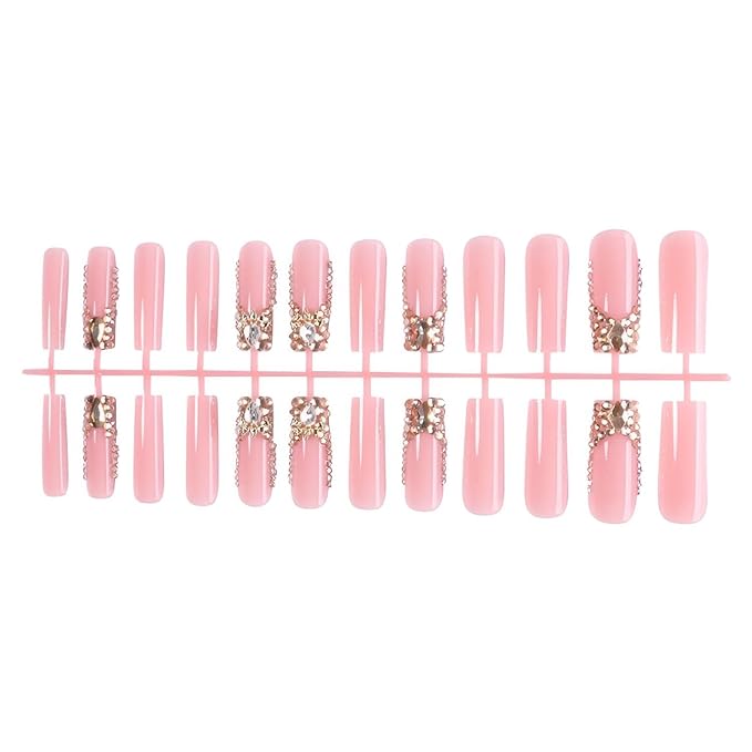 Long Square French Tip Press on Nails Full Diamonds Fake Nail with Full Diamonds Designs False Nails Press Ons Gift for Women 24pcs
