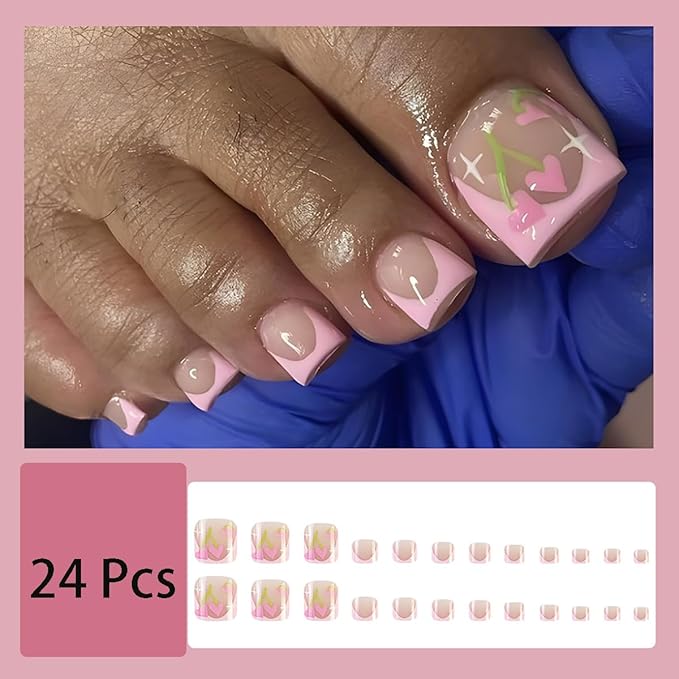 24 Pcs Valentines Day Press On Heart Pink French Tip False Toenails Full Cover Glue On Nails for Women Girl Nail Design Decoration