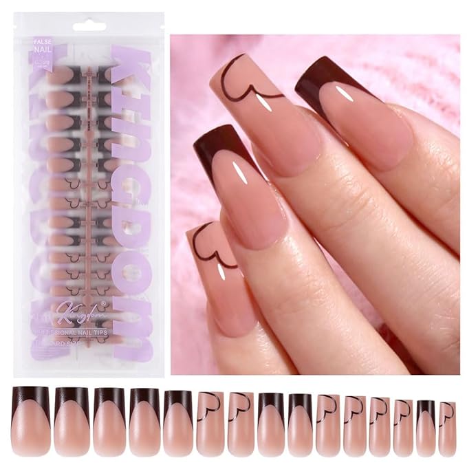 Brown French Tip Press on Nails Medium Square Fake Nails with Heart Design Full Cover Matte Stick on False Nail Tips for Women 120pcs 15 Sizes